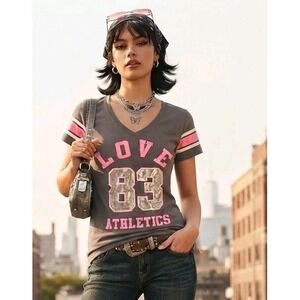 Y2K LA Teez Baby Tee Athletic Graphic Top "LOVE 83" 100% Cotton Grey Pink School